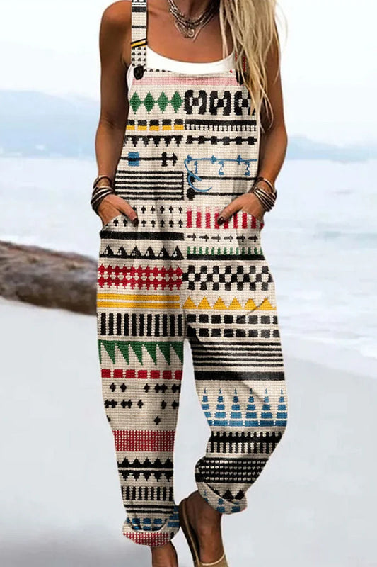 Women's Vintage Abstract Geometric Color Blocks Art Print Casual 100% Cotton Wide Leg Jumpsuit