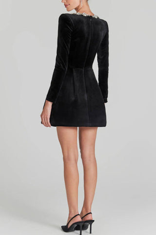 Velvet Jewel Embellished Trim Long Sleeve Pocketed Mini Dress