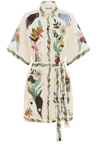 Satin Unique Floral Print Pocket Tie-waist Mini Dress