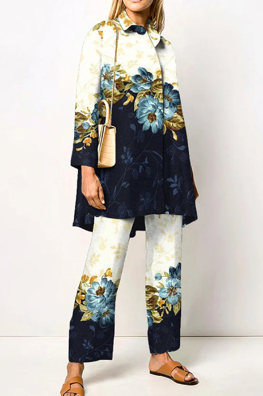Elegant Floral Long Sleeved Shirt Two-Piece Set