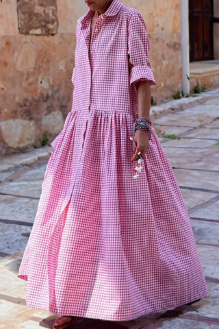 Long Sleeves Loose Buttoned Plaid Pleated Split-Joint Lapel Maxi Dress