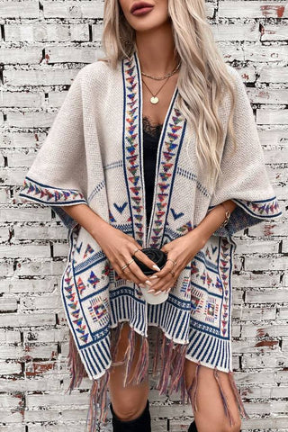 Boho Geometric Tassel Hem Cape Poncho Cardigan