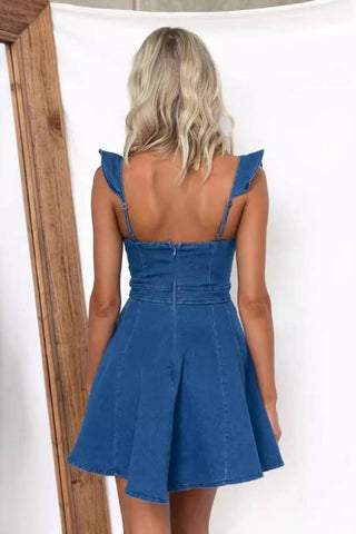 Fashionable and casual flying sleeves backless denim mini dress