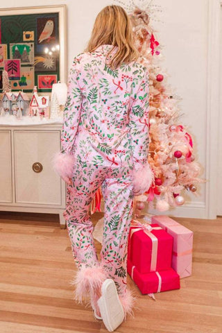 Christmas satin printed casual long sleeved long pants pajama set