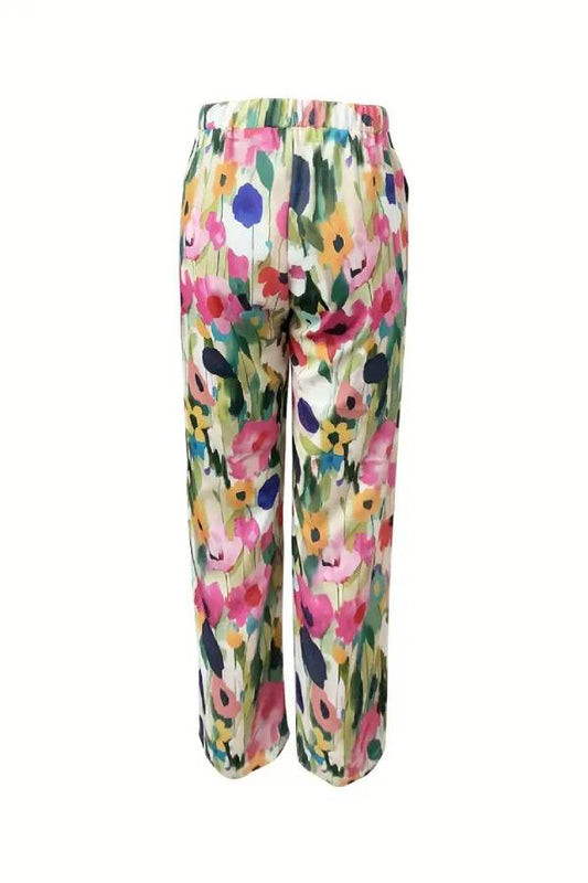 Casual Art Flower Print Straight Pocket Pants