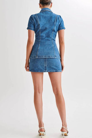 Modern style denim short sleeved button high waisted skirt set