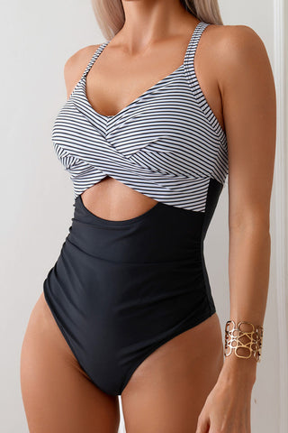 Striped Hollow High Waist Wrap Tie Back One-Piece Swimsuit