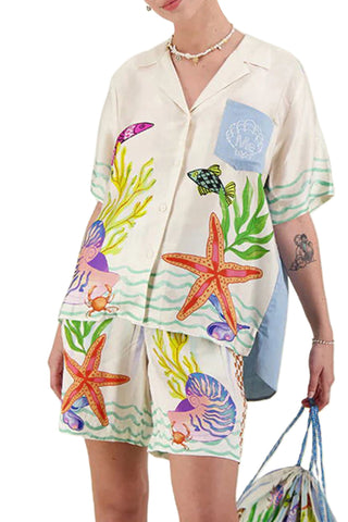 Coastal Seashell Satin Unique Print Pocket Loose Shirt and Elastic Waist Shorts Set