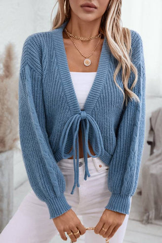 V-neck loose solid color lace up sexy knit cardigan