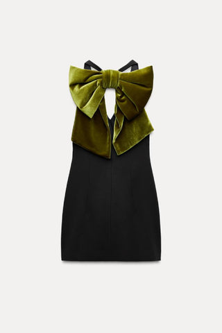 Contrast Back Velvet Bow Mini Dress