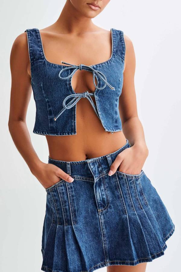 Bow Knot Denim Crop Tank Top Skirt Set