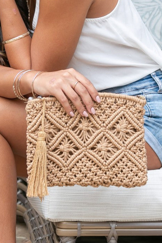 Diamond Pattern Macrame Tassel Clutch