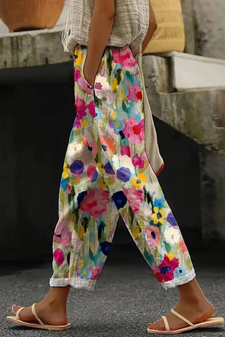 Casual Art Flower Print Straight Pocket Pants