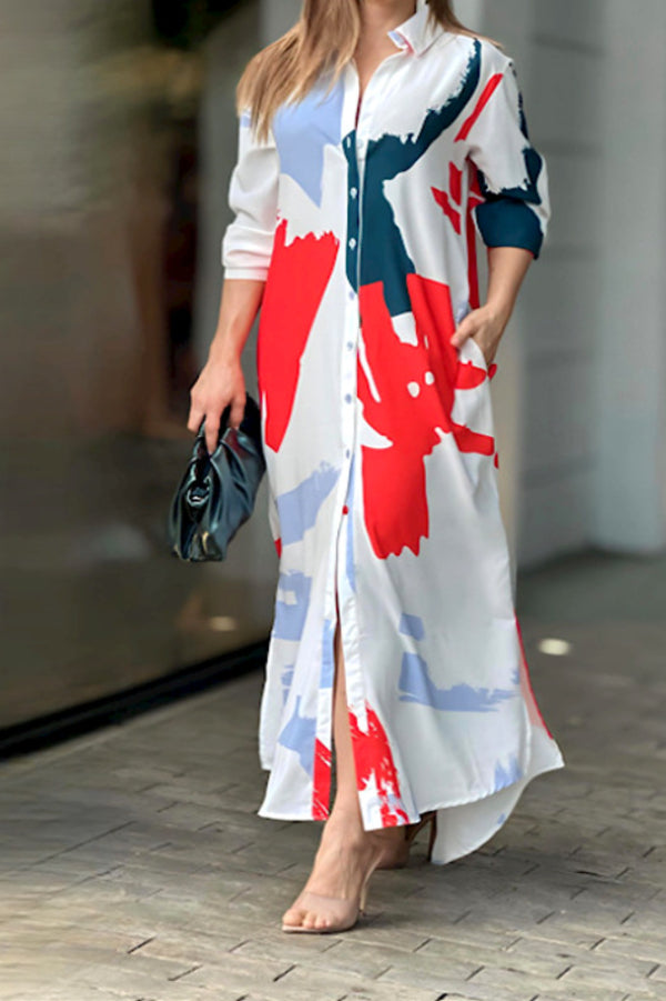 Fashionable casual printed loose slit shirt maxi dress