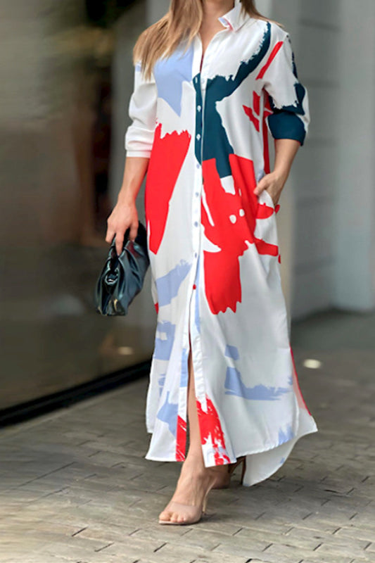 Fashionable casual printed loose slit shirt maxi dress