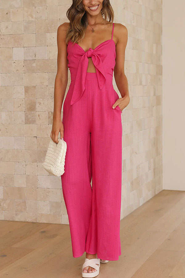 Pocketed Adjustable Tie Smocked Back Jumpsuit