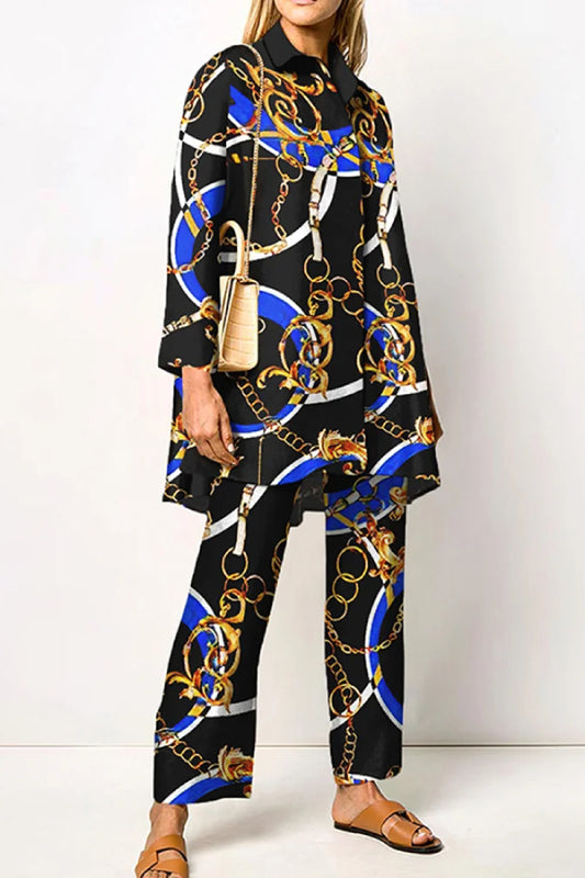 Fashion Chain Print Shirt Two Piece Set