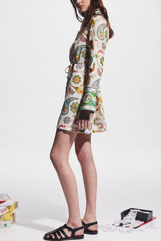 Linen Blend Unique Print Shaped Collar Tie-up Waist Shirt Mini Dress