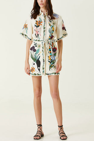 Satin Unique Floral Print Pocket Tie-waist Mini Dress