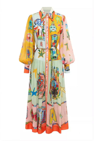 Single-breasted lantern sleeve printed tie waist midi dress