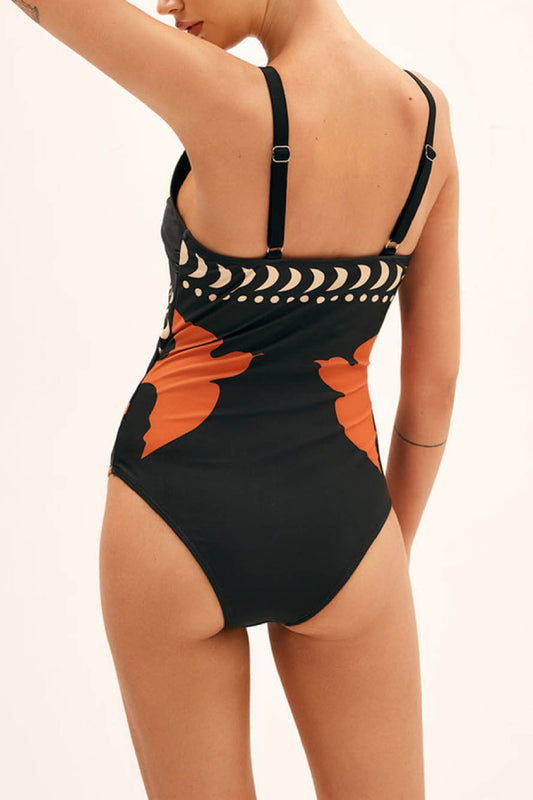 Unique Bird Print Cutout One Piece Swimsuit