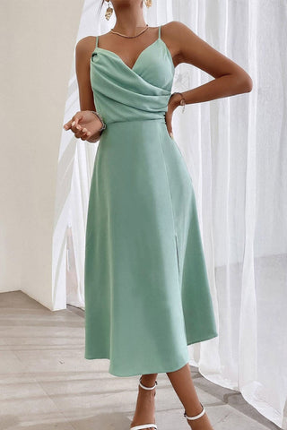 Elegant Spaghetti Strap Pleated Leg Slit Midi Dress