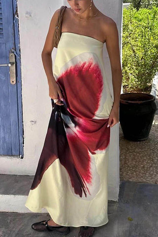 Elegant Floral Print Sexy Strapless Backless Maxi Dress