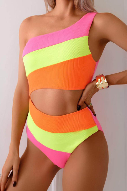 Sexy Contrasting Waist-Baring Off-Shoulder One-Piece Swimsuit