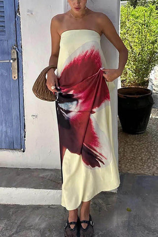 Elegant Floral Print Sexy Strapless Backless Maxi Dress