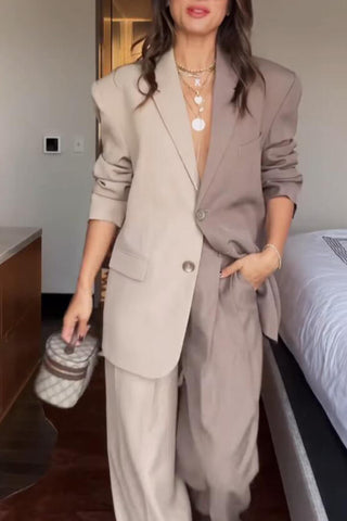 Unique Two-Tone Colorblock Classic Suit Blazer and Pants Set