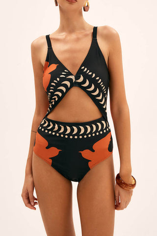 Unique Bird Print Cutout One Piece Swimsuit