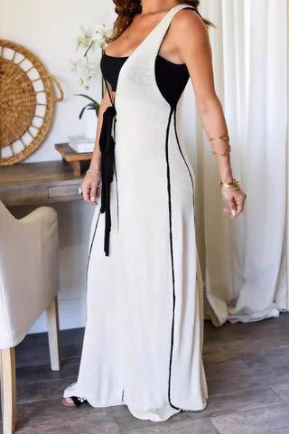 Contrast Color Self-Tie Flowy Oversized Maxi Dress