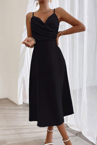 Elegant Spaghetti Strap Pleated Leg Slit Midi Dress