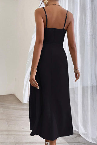 Elegant Spaghetti Strap Pleated Leg Slit Midi Dress