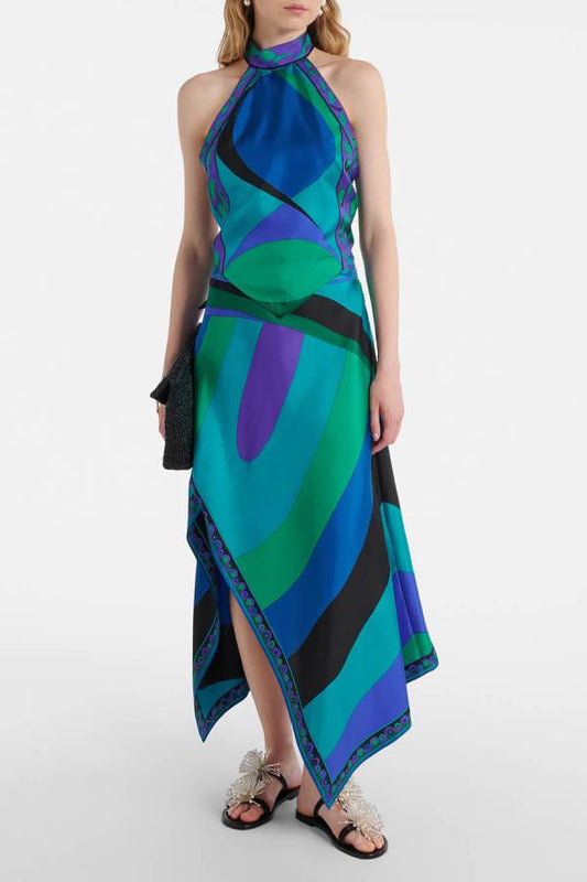 Printed Satin Halter Top and Skirt Two-Piece Set