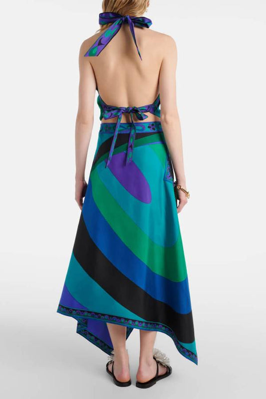 Printed Satin Halter Top and Skirt Two-Piece Set