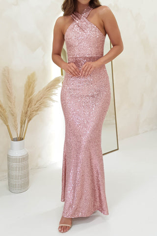 Halter sleeveless sequined maxi dress