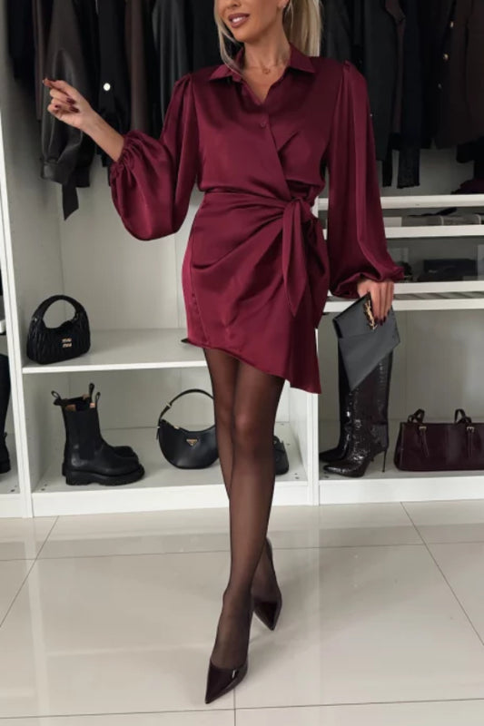 Elegant Lace-Up Satin Shirt Mini Dress