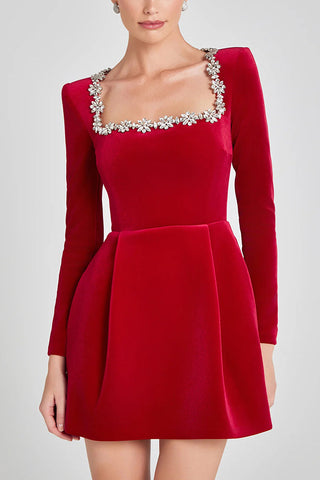 Velvet Jewel Embellished Trim Long Sleeve Pocketed Mini Dress