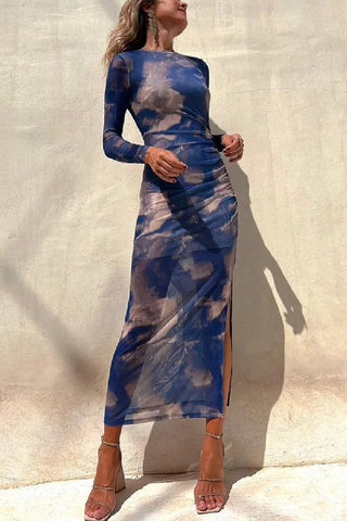 Long Sleeve Ruched Side Slit Tie Dye Maxi Dress