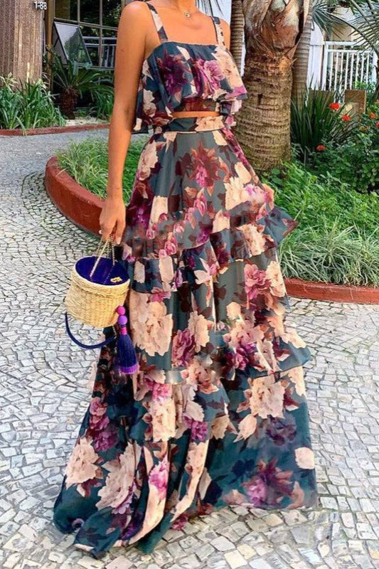 Summer Sling Floral Printed Ruffled Skirt Set