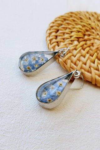 Pressed Flower Earrings - Water Drop Forget Me Not Flower