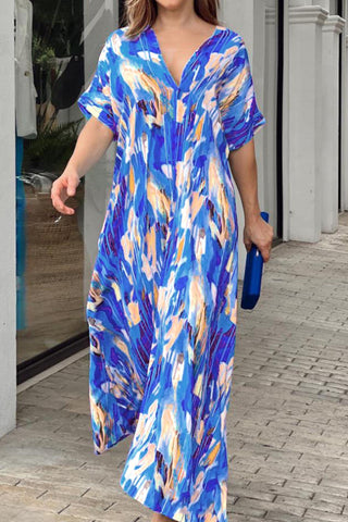 Print Short Sleeve Wide Hem Maxi Dress