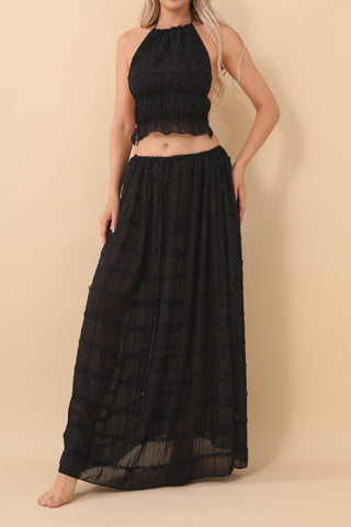 Backless halter neck tie pleated lace vest long skirt set