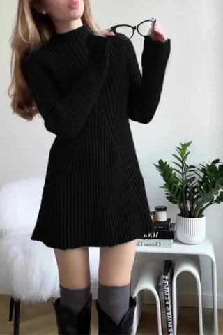 Half Collar Long Sleeved Knitted Mini Dress