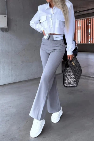 elegant solid pocket turndown collar long sleeve pants set