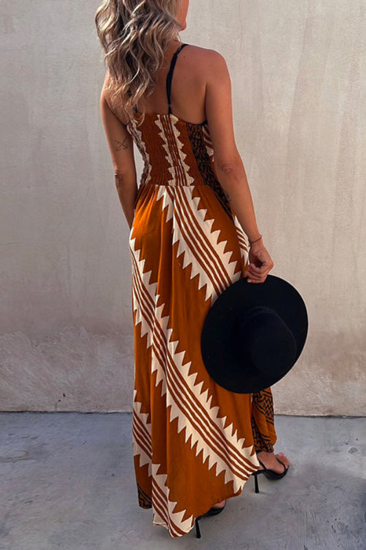 V Neck Color Block Printed Swing Cami Maxi Dress