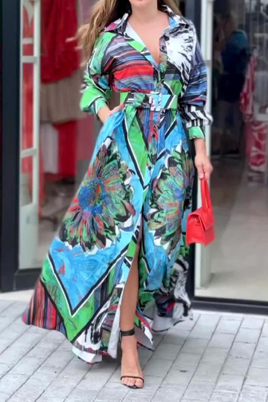 Printed long sleeve belt maxi dress