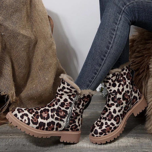 Leopard Print Suede Winter Plush Insulation Side Zipper Thick Heeled Snow Boots