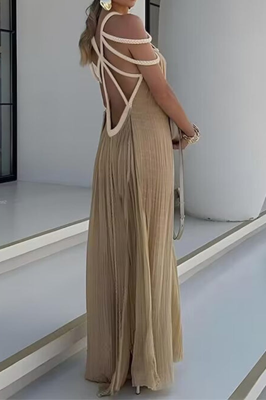 Draped Woven Halterneck Backless Maxi Dress